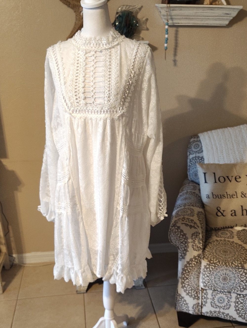 Boho "Beulah" Crochet-Trim White Tie Back Baby Doll Mini Dress